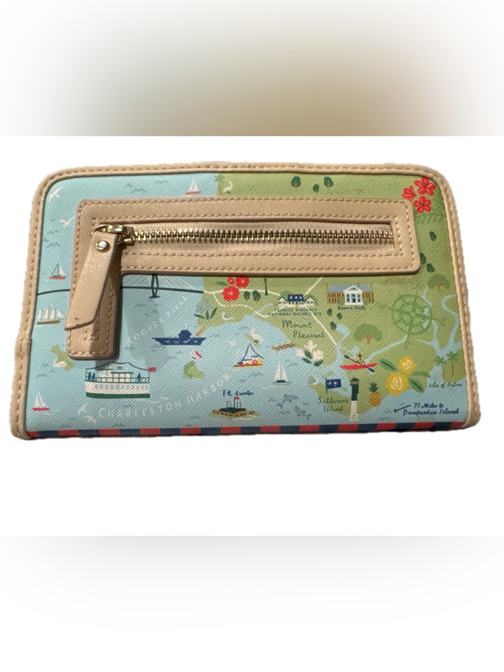 Spartina 449 Charleston Map Zip Pouch in Light Blue, Green & Tan - Picture 2 of 12